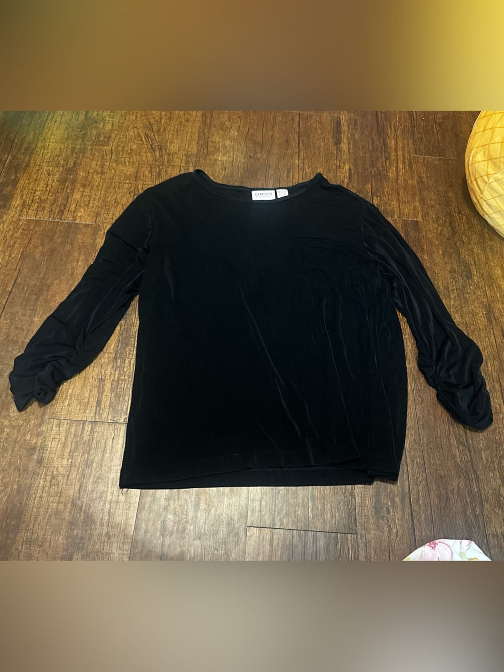 Chico’s Travelers Women’s XL Black Ruched Arms Round Neck Long Sleeve Blouse